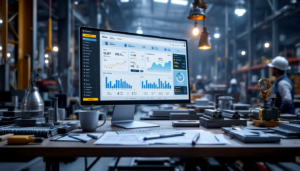 Computer dashboard in modern industrial factory workspace