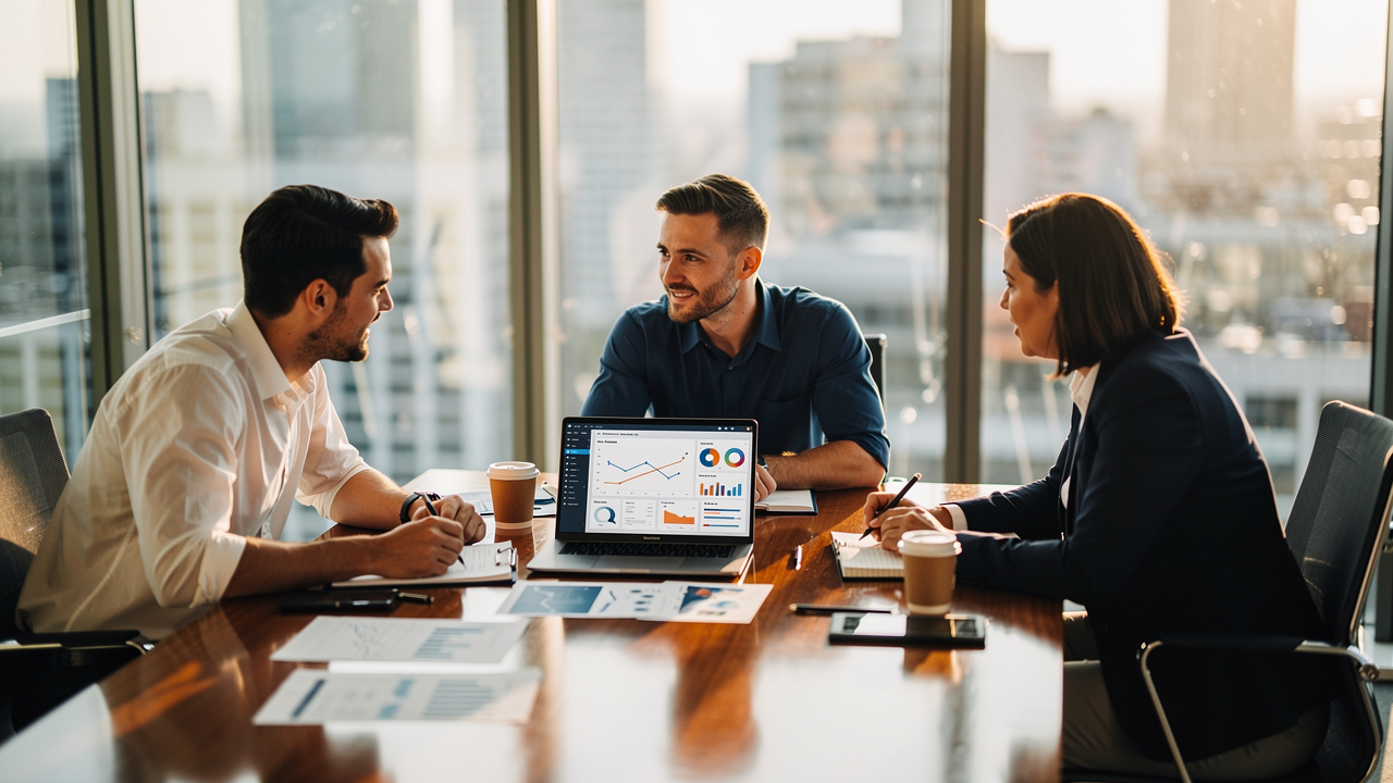 Business team meeting with laptop displaying analytics charts