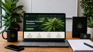 Laptop displaying premium cannabis business website on desk