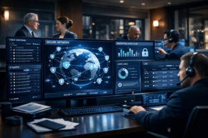 Cybersecurity team monitoring global network dashboards