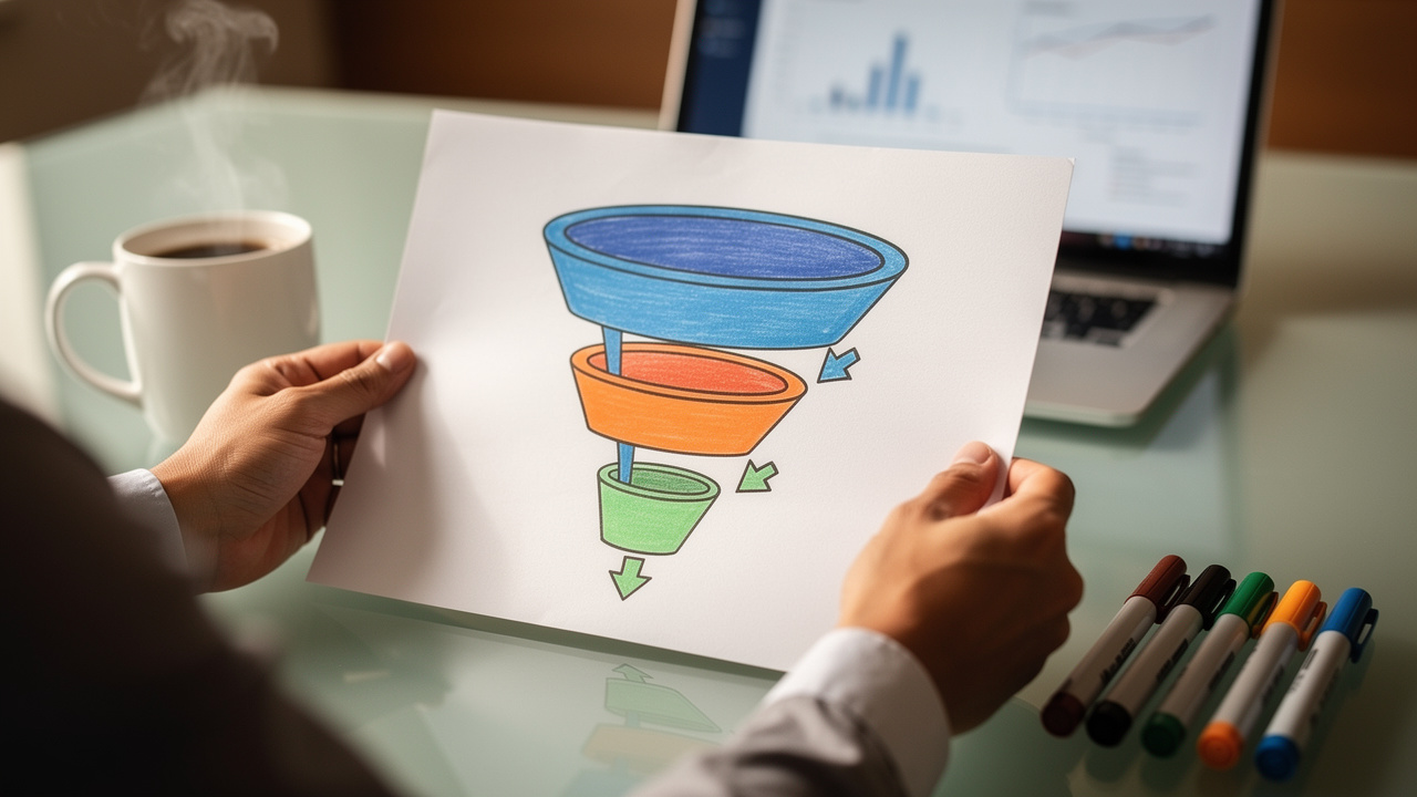 Sales funnel stages planning on a modern office desk