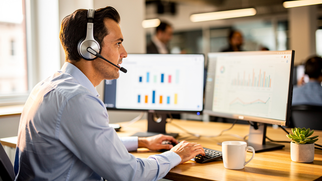 Sales development representative making outbound calls at modern desk