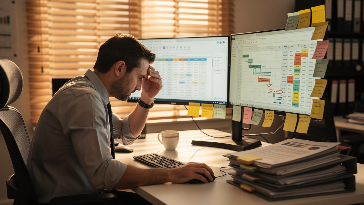 Overwhelmed sales manager juggling multiple priorities at cluttered desk
