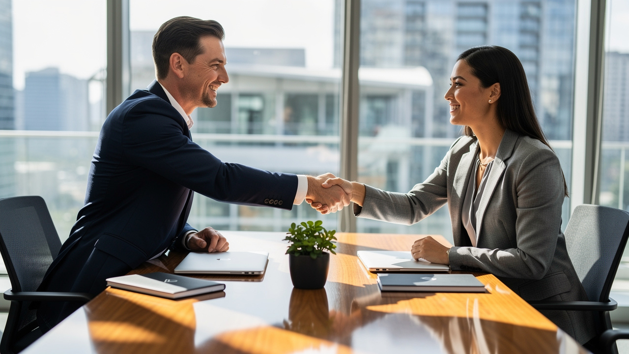 Two B2B professionals completing a qualified sales meeting handshake