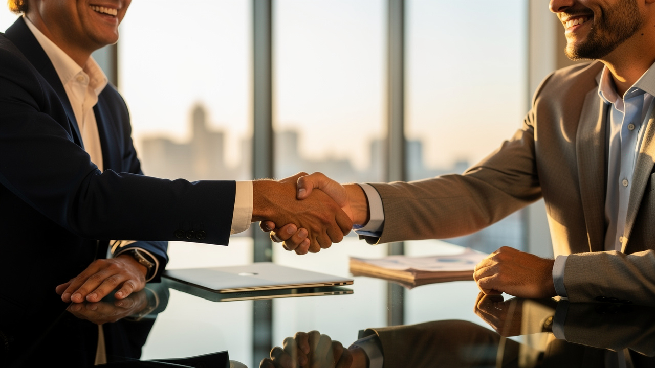 Two business professionals closing a B2B sales deal