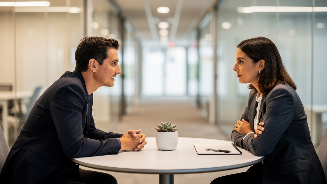 Two professionals building rapport during a sales conversation