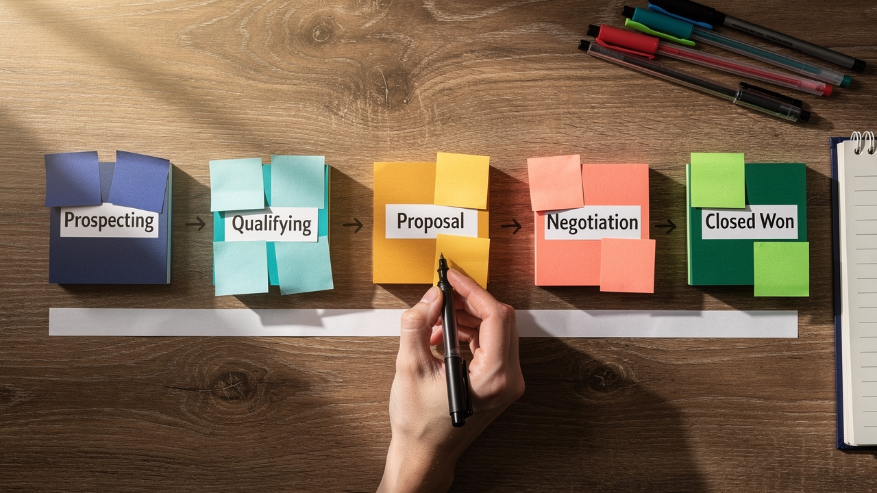 Five-stage B2B sales pipeline mapped on colorful sticky notes