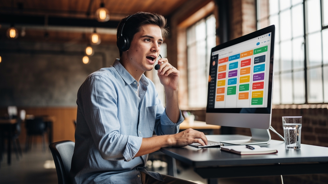 Founder making outbound prospecting calls in a modern office