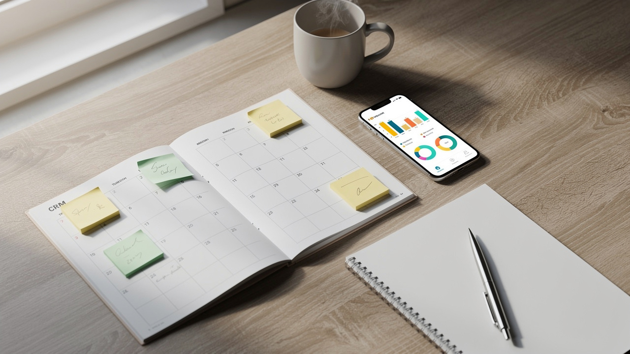 Organized desk with pipeline planning calendar and performance charts