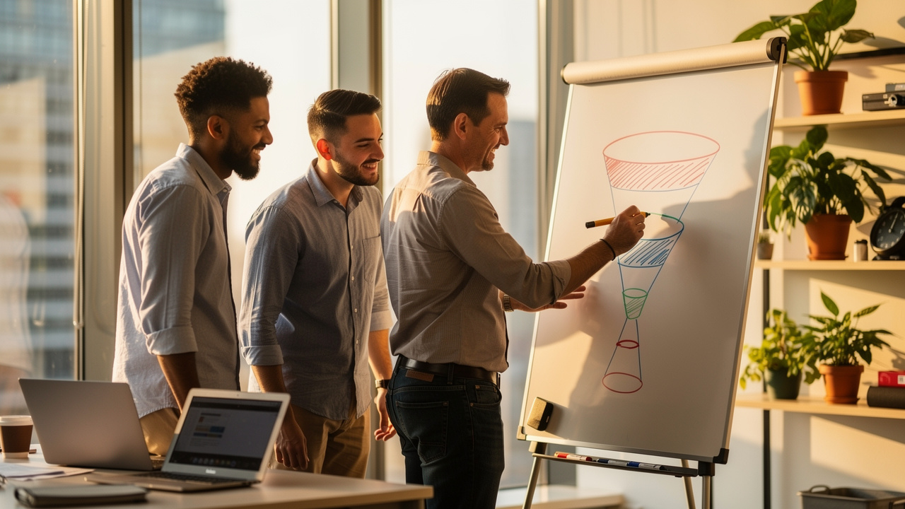 Small startup sales team collaborating on pipeline strategy