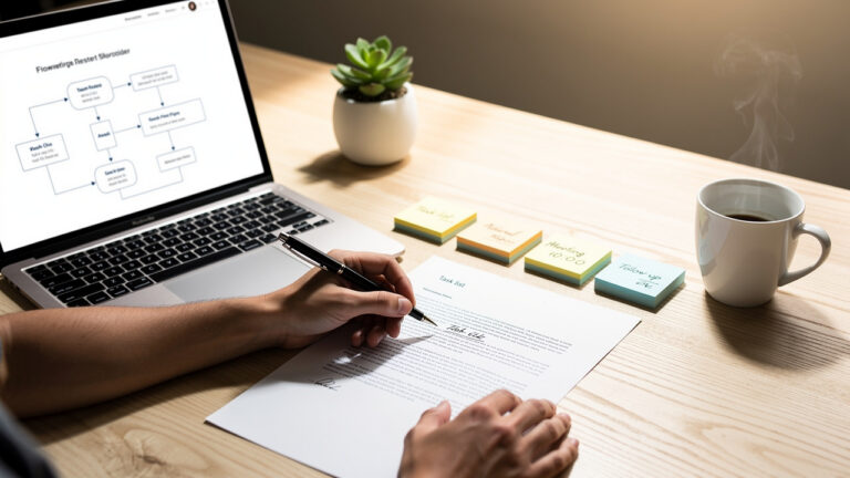 Person signing document at desk with laptop