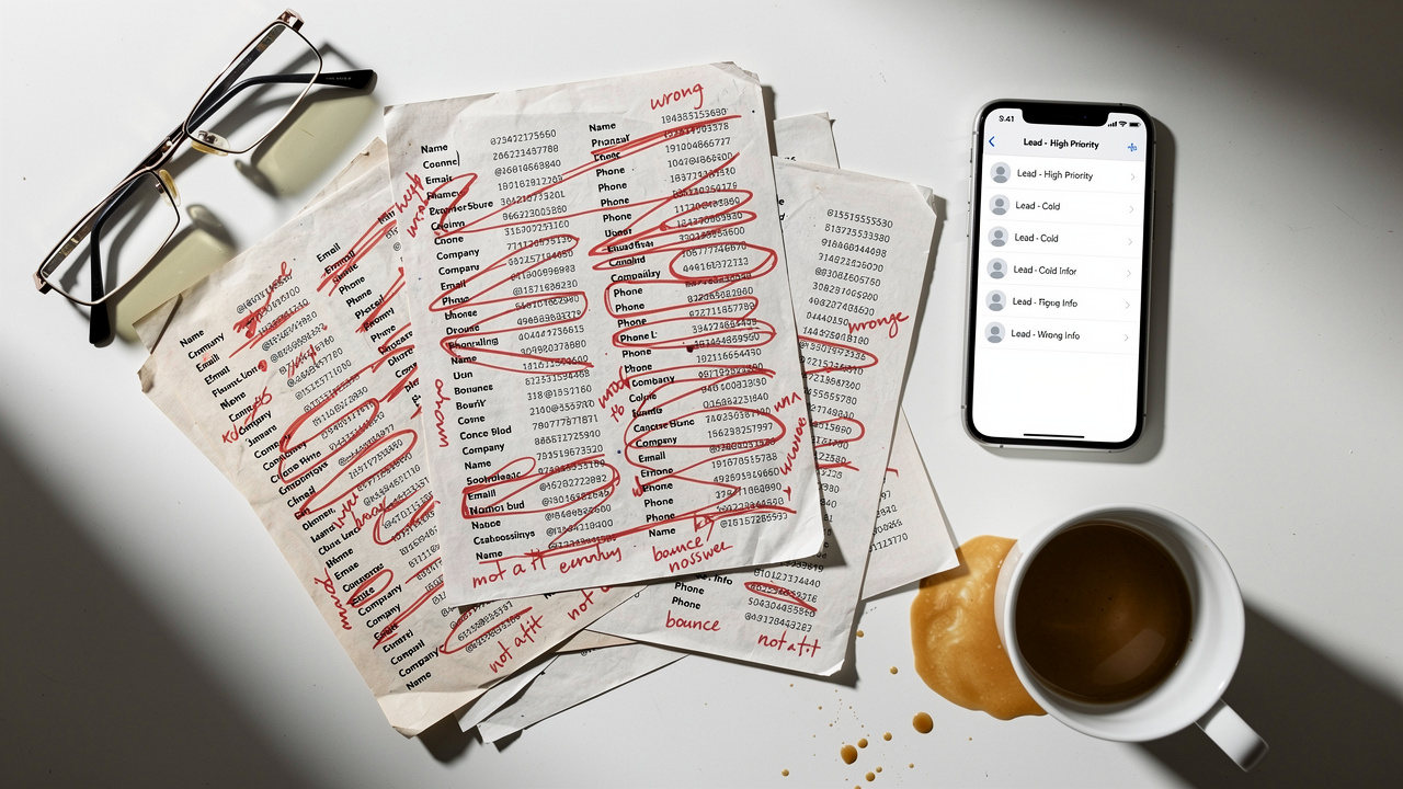 Marked-up contact lists beside smartphone and spilled coffee