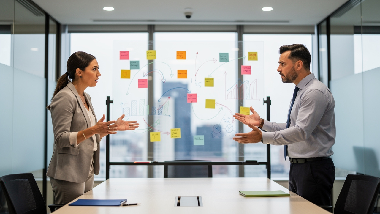 Two professionals debating in modern office meeting room