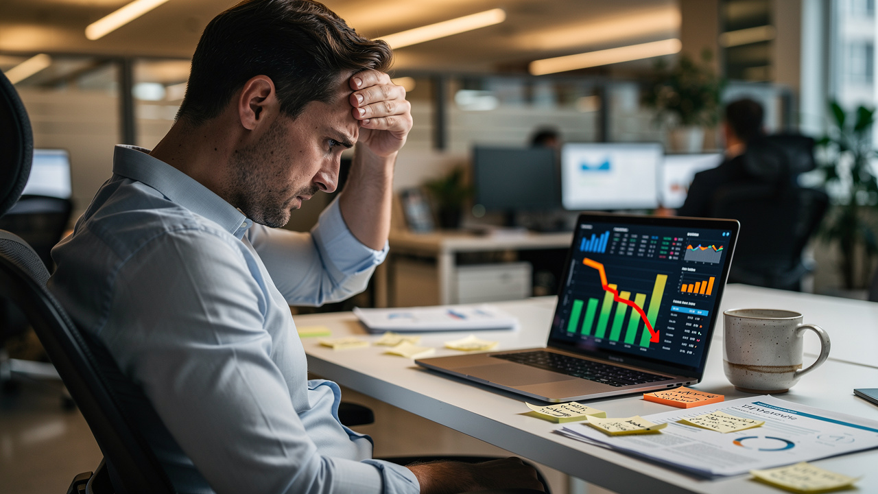 Stressed businessman reviewing declining financial chart on laptop