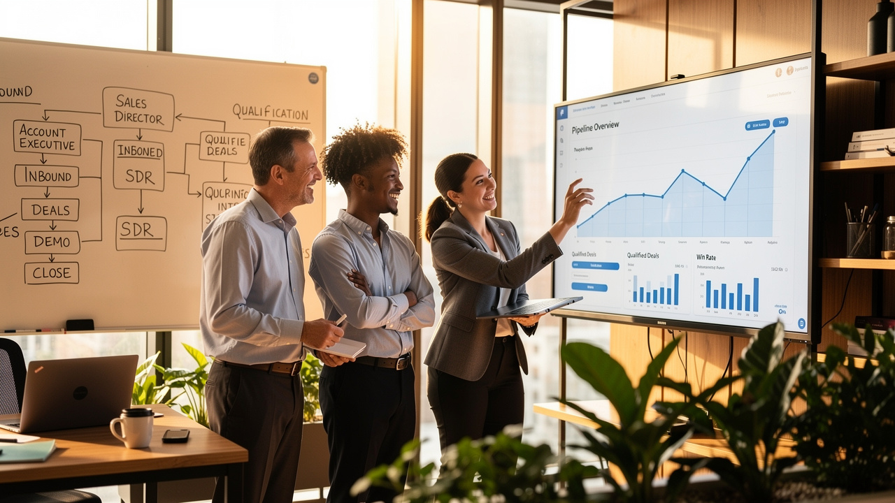 Team reviewing sales dashboard in modern office