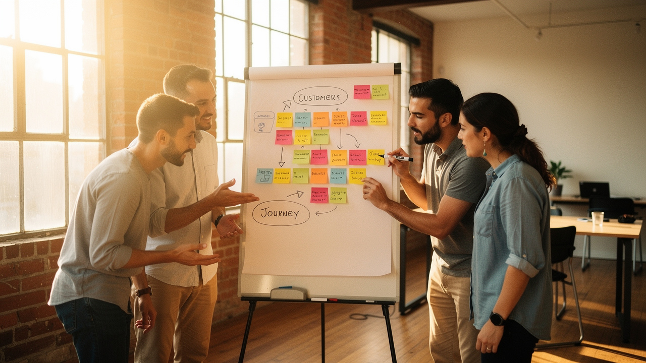 Team brainstorming customer journey on flip chart