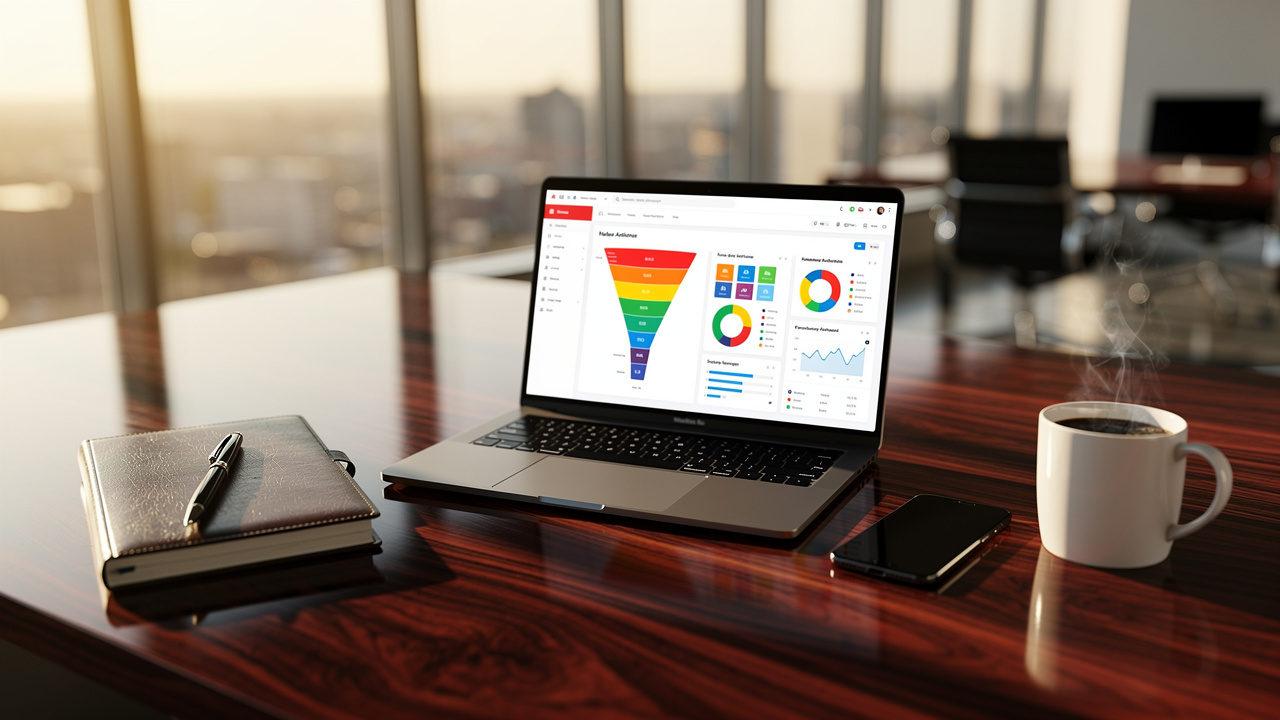 Laptop displaying analytics dashboard on modern office desk