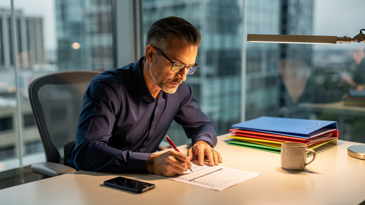 Man signing document at modern office desk