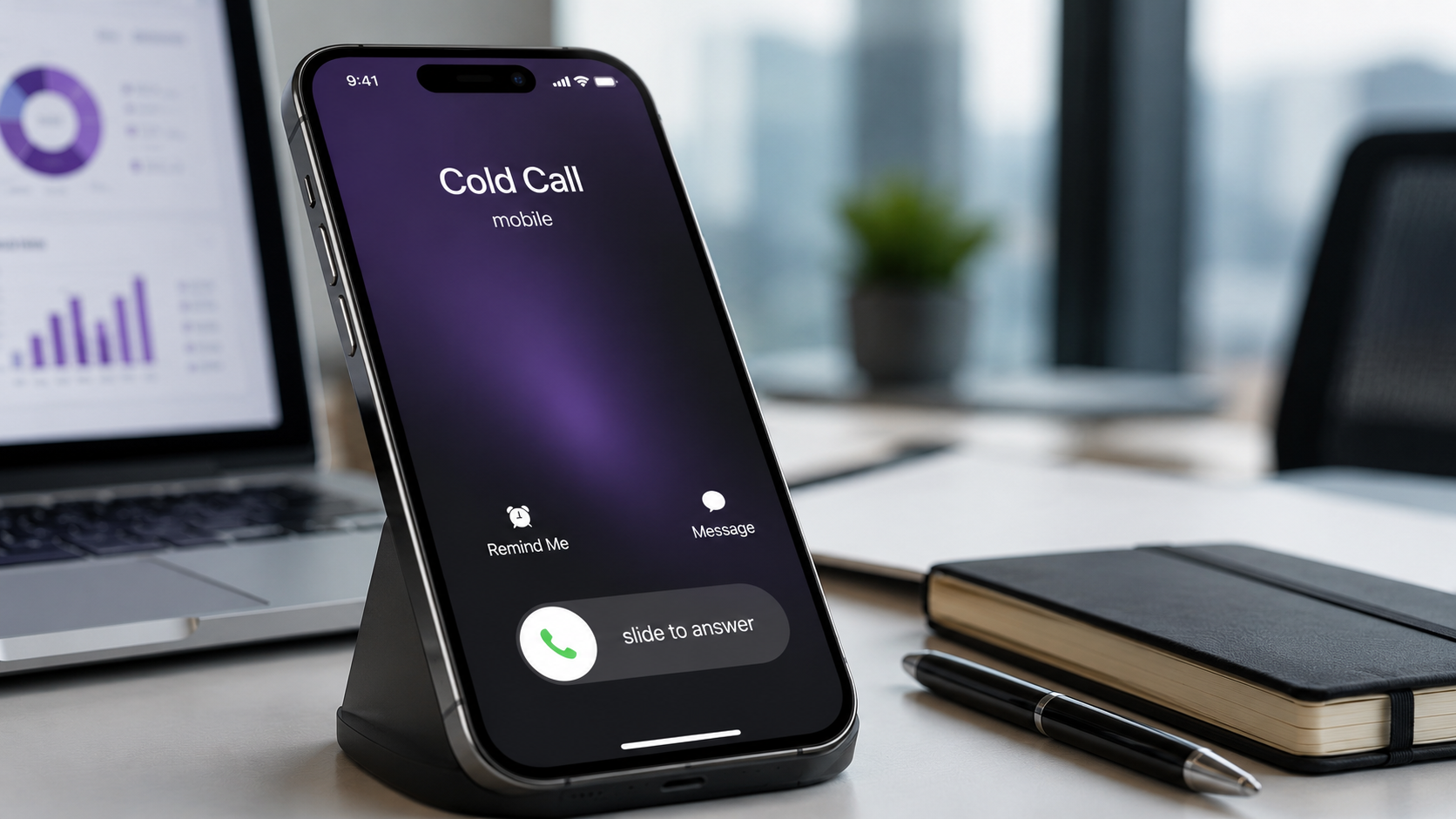 Smartphone displaying incoming cold call on desk