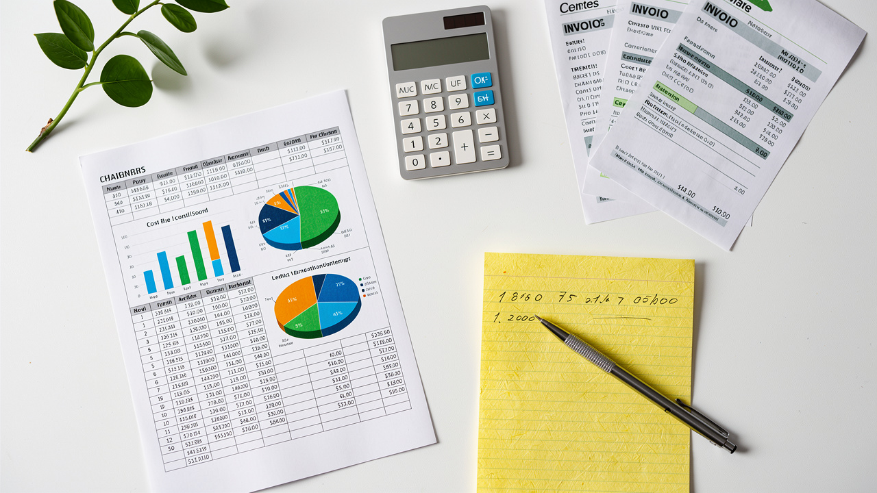 Financial reports, calculator, invoices, and notepad on desk