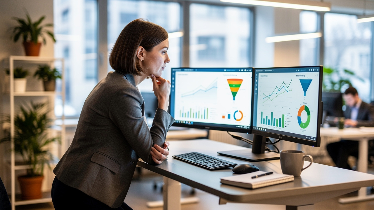 Businesswoman analyzing charts on dual monitors in office
