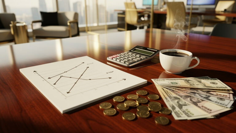 Financial chart, calculator, coffee, and cash on desk