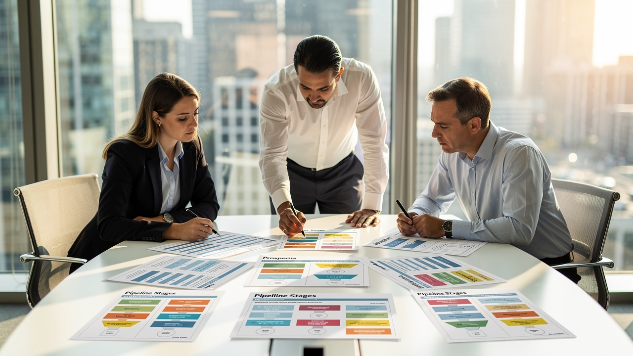Business team reviewing pipeline charts in office