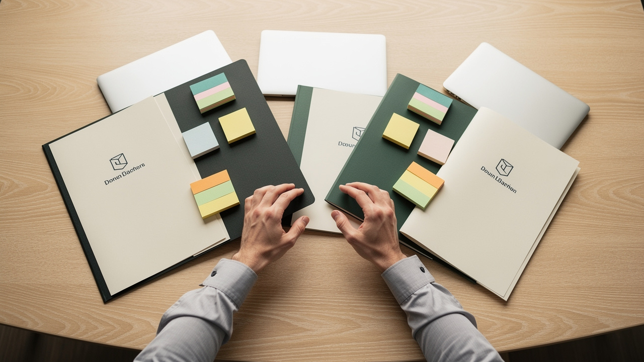 Hands arranging notebooks and colorful sticky notes on desk