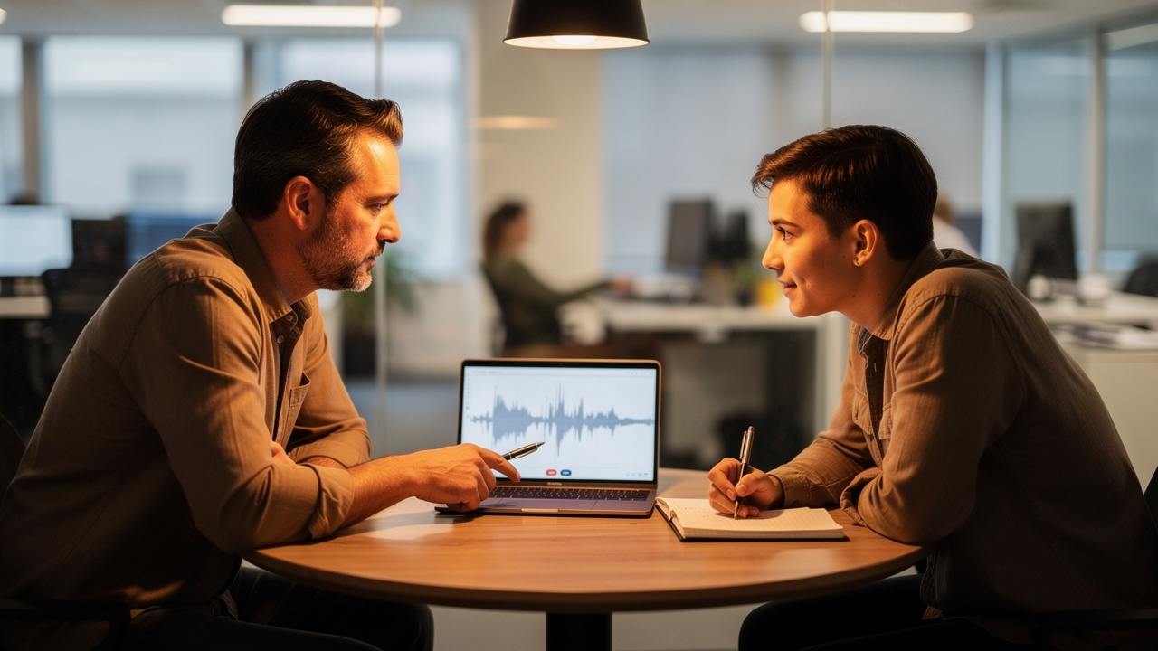 Two coworkers reviewing audio waveform on laptop
