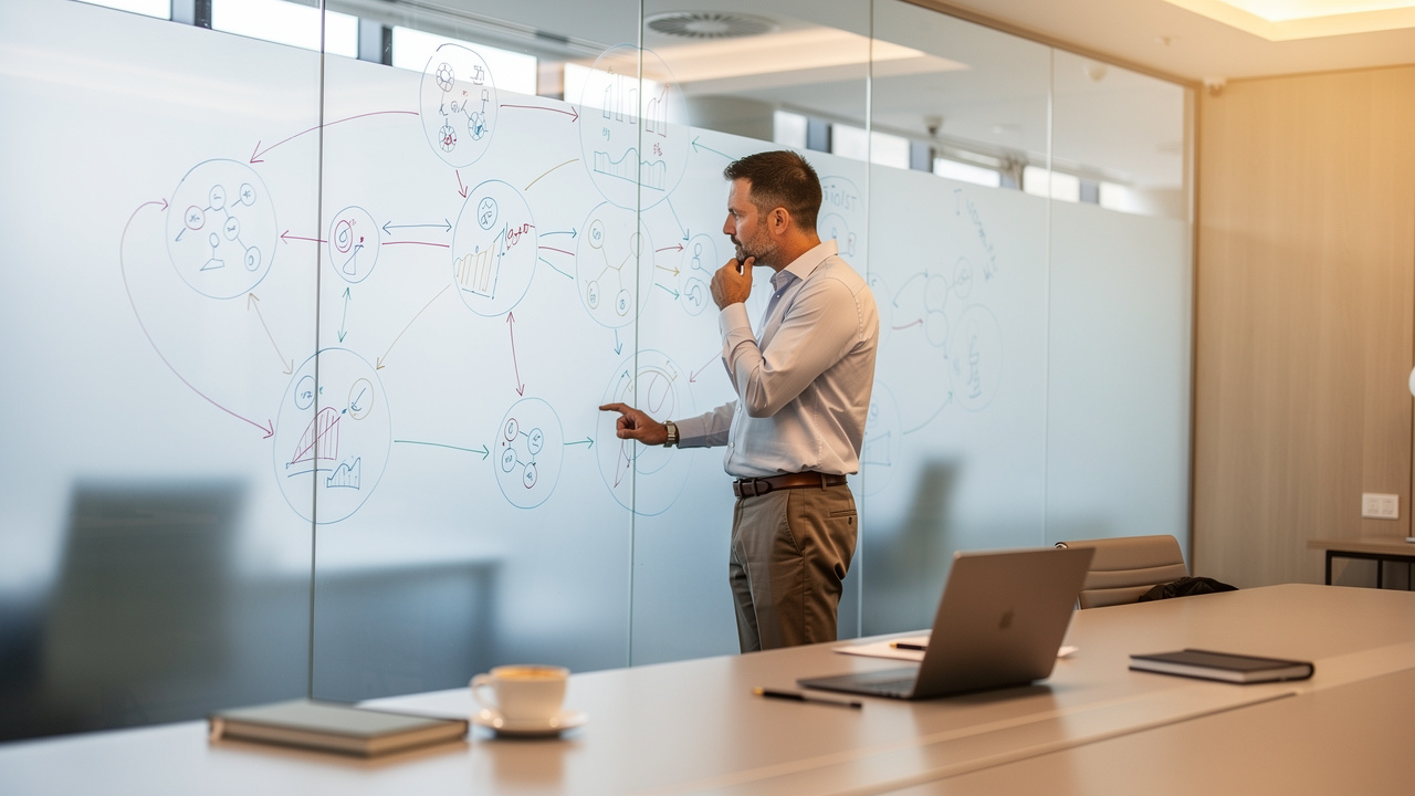 Businessman analyzing diagrams on glass office wall