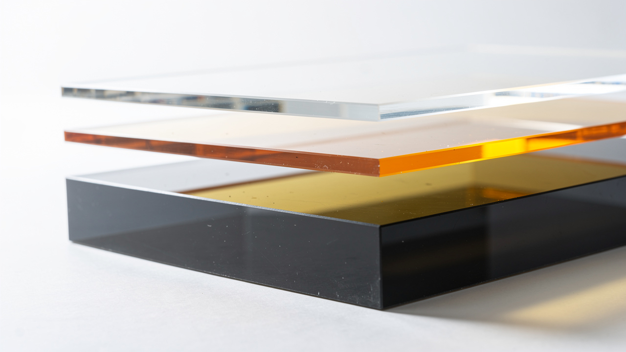 Stacked acrylic sheets in clear, amber, and black