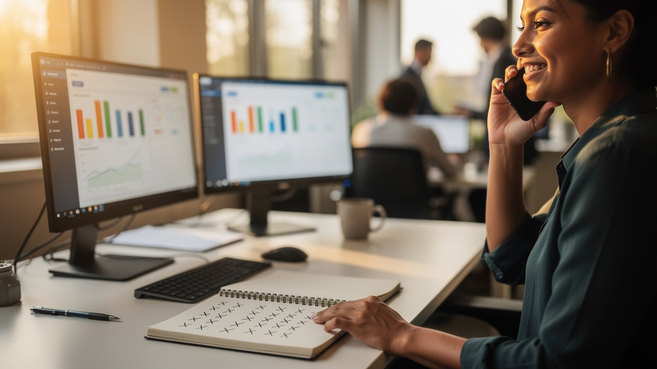 Businesswoman on phone reviewing charts at desk