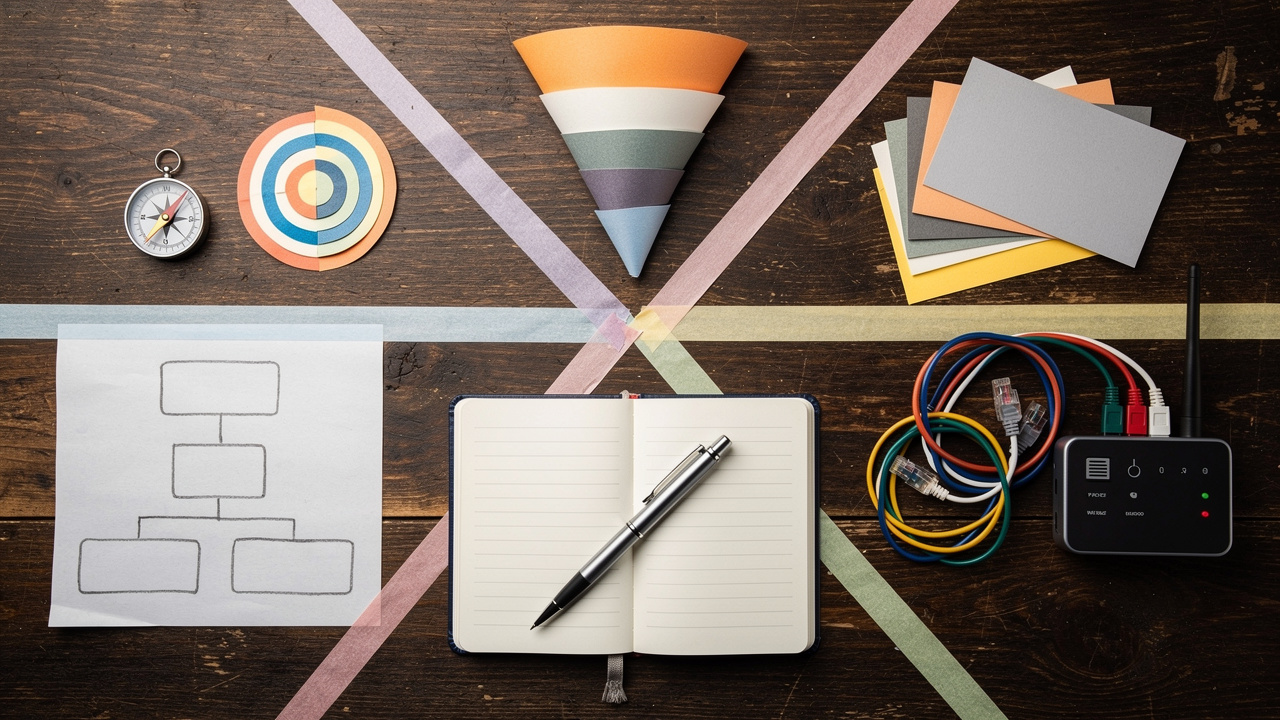 Marketing strategy workspace with notebook, charts, and router
