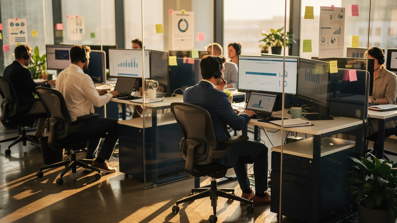 Office team analyzing data on multiple monitors