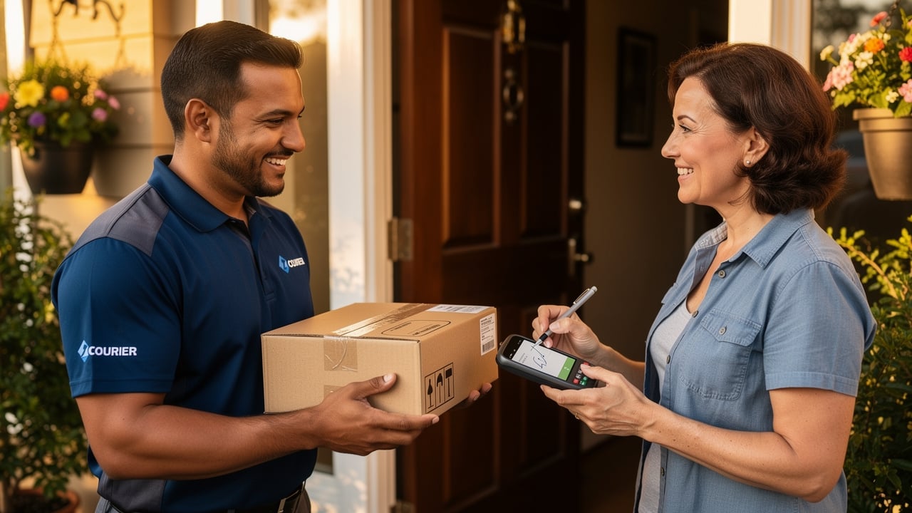 Courier confirming delivery with signature at doorstep