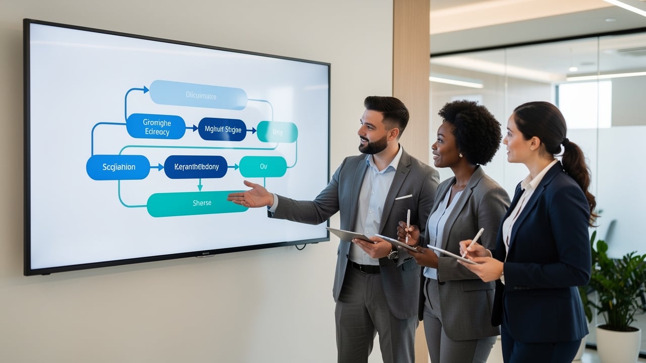 Team reviewing lead handoff workflow stages together