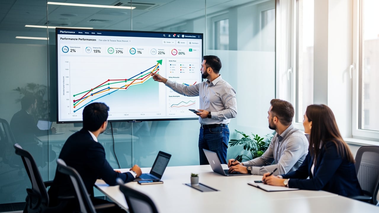 Sales leaders reviewing performance metrics dashboard together