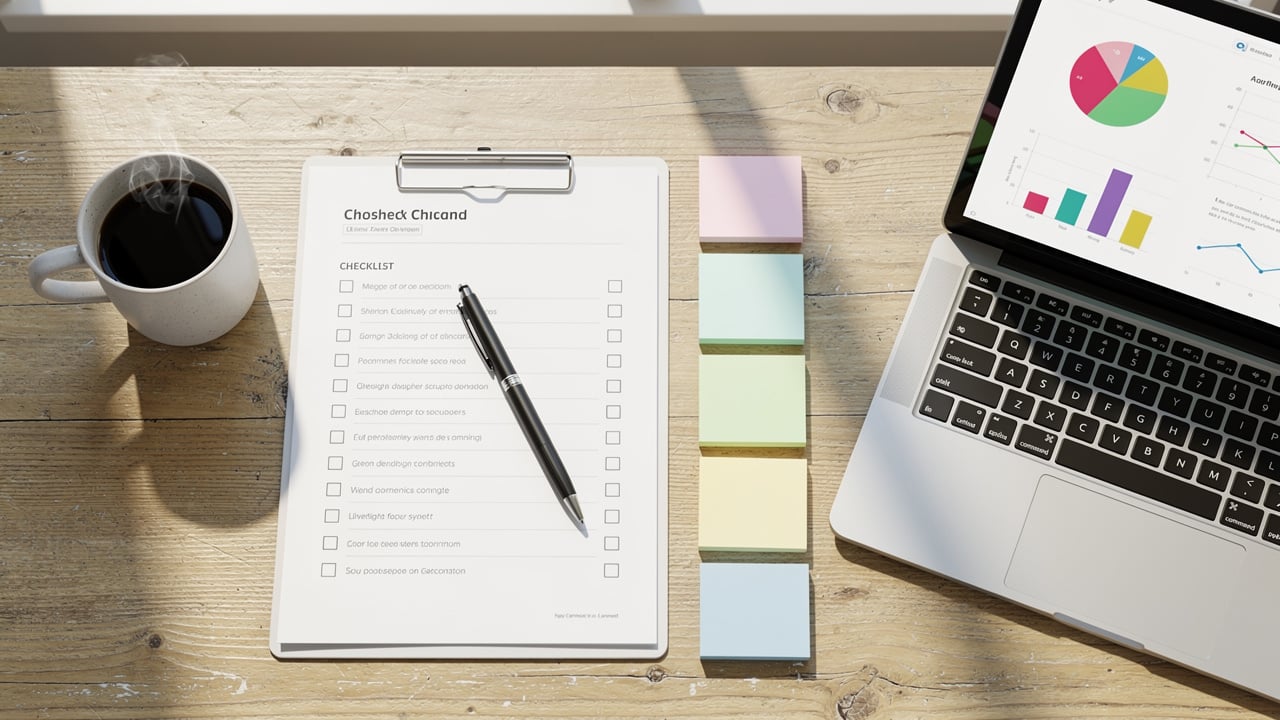 Desk with checklist and planning materials for handoffs