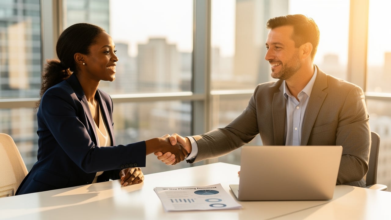 Sales professionals shaking hands over ramp planning agreement