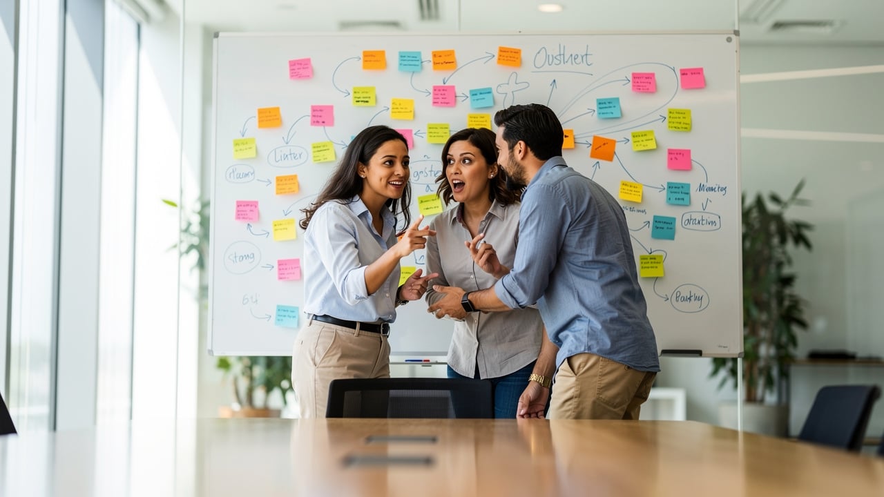Team discussing customer feedback around a whiteboard