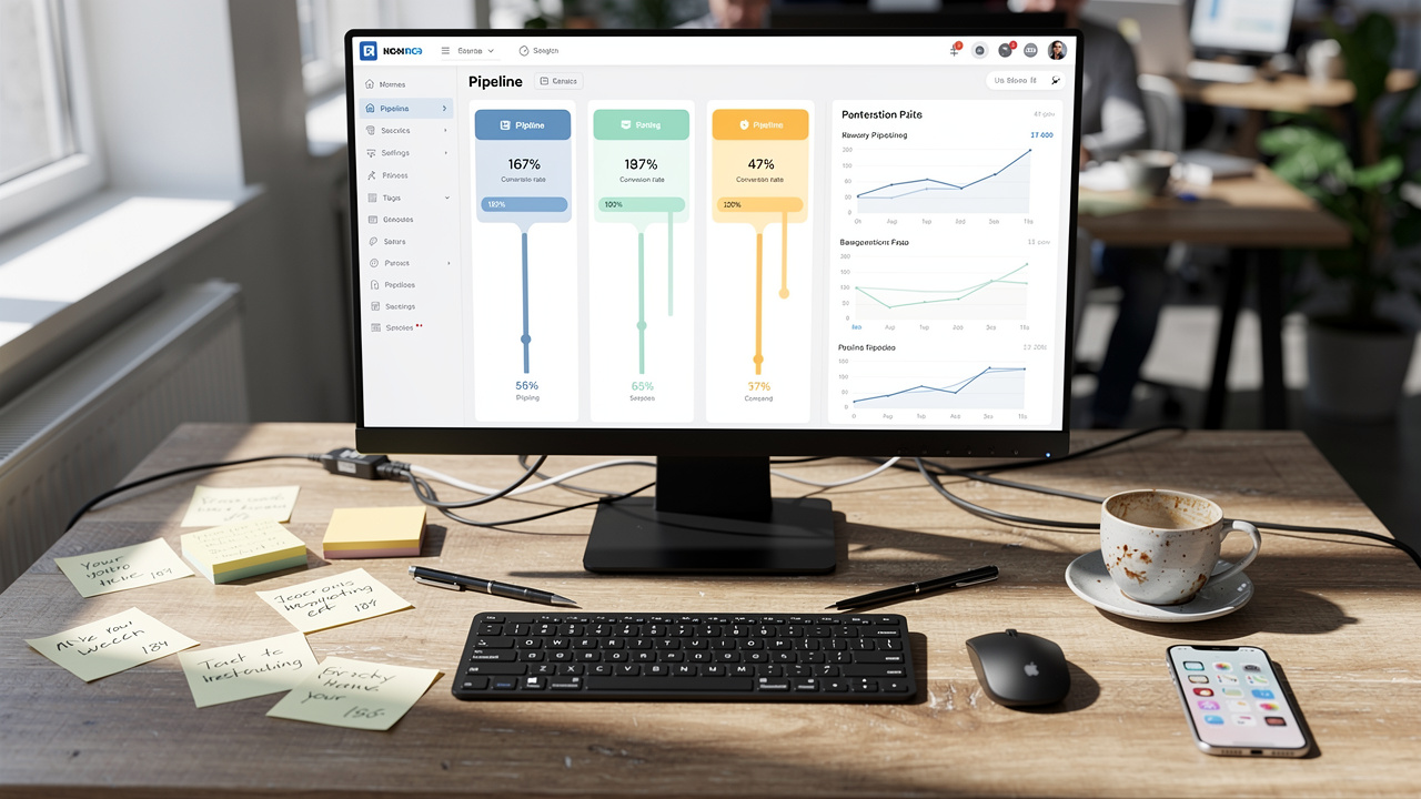 Sales manager reviewing CRM pipeline conversion rates by stage