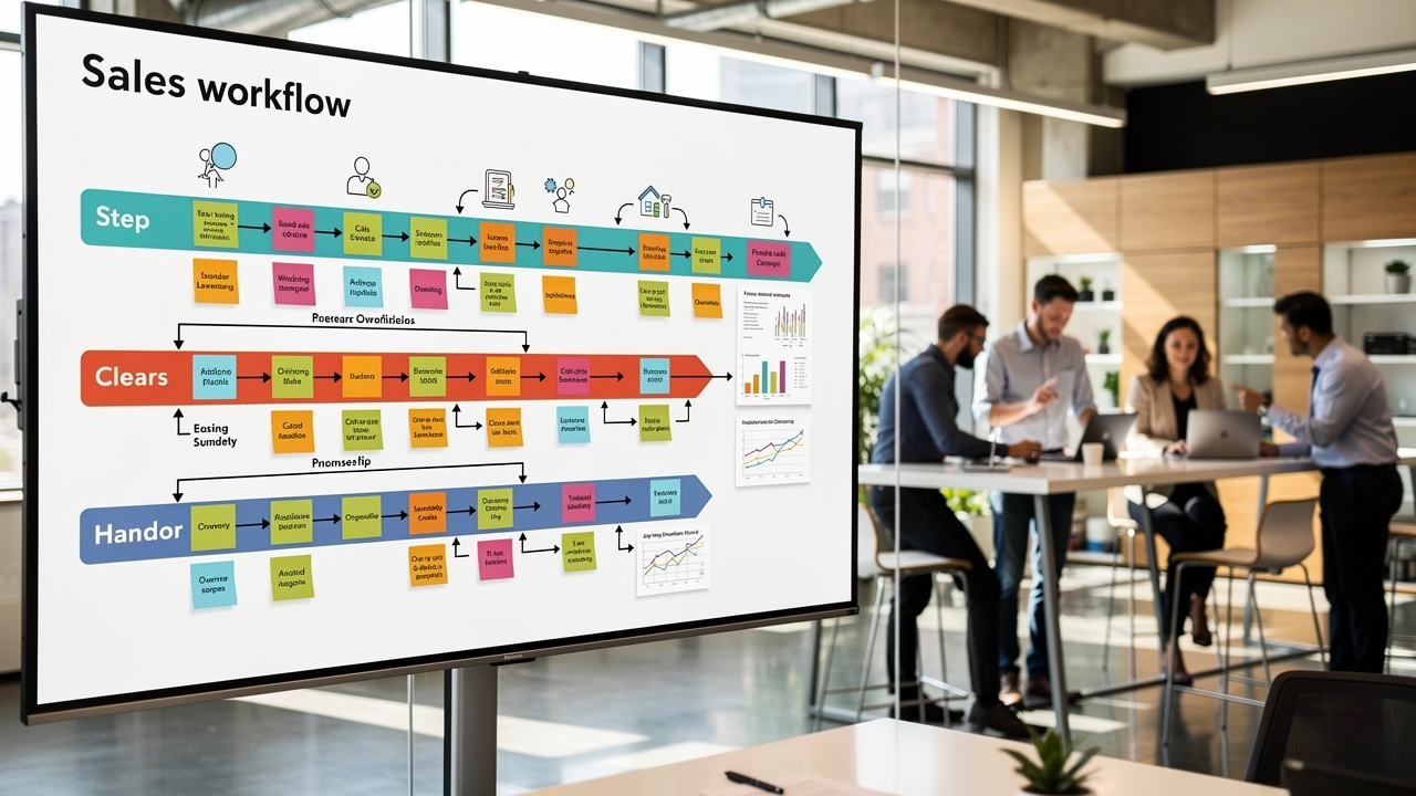 Process diagram showing ownership assignments and handoff points in sales workflow