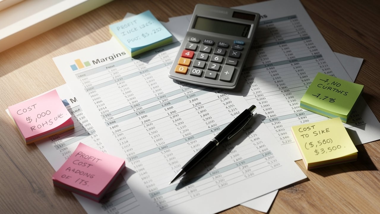 Financial documents and calculator on work surface