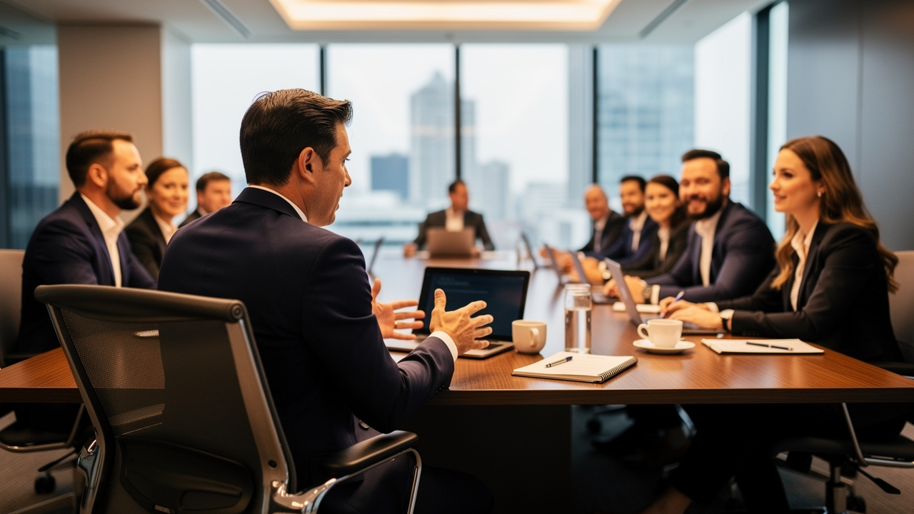 One leader presenting while peers listen in boardroom setting