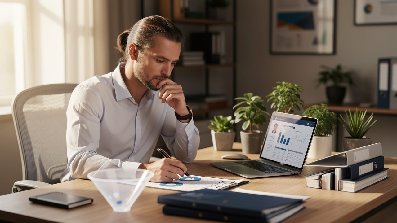 Manager reviewing customer profile criteria for qualification