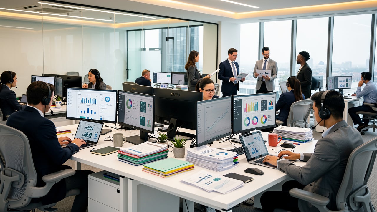 Sales team working in organized, productive office environment