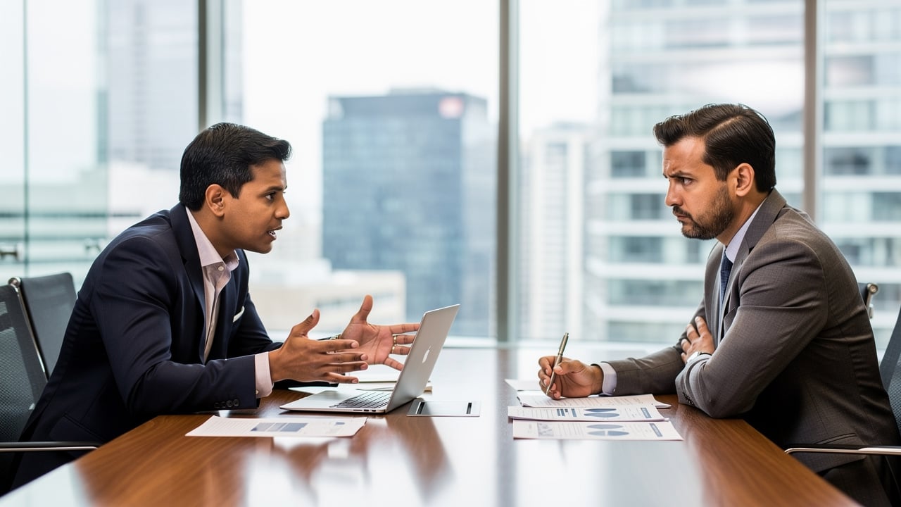 Business professionals discussing contract terms during sales meeting
