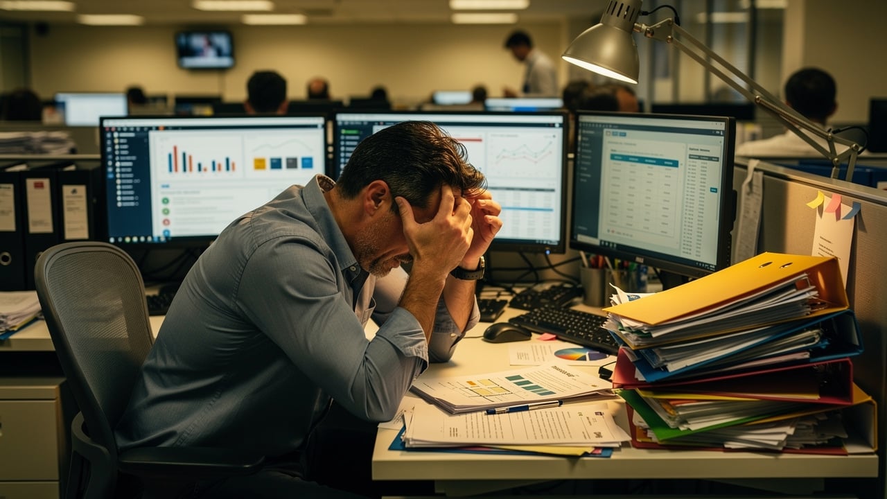 Overworked team member managing excessive workload and stress